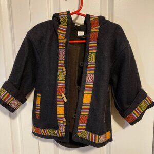 Nepal Black Child's Jacket 100% Wool with Hood, Size XL